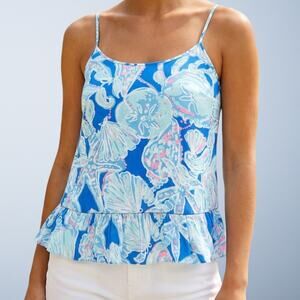Lilly Pulitzer Bay Blue Seashell & Starfish Peplum Cami Tank Top XS